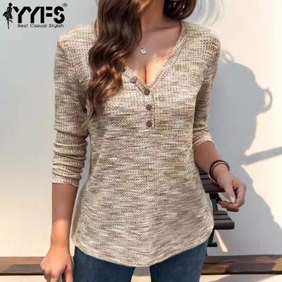 Camicette e camicie con scollo a V a maniche lunghe con stampa tinta unita primavera autunno moda casual da donna