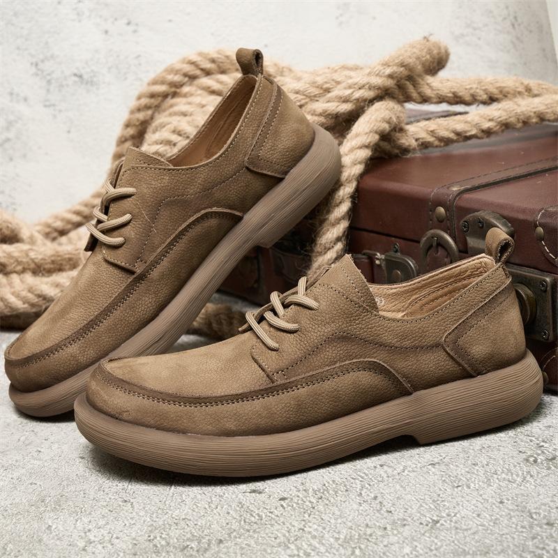 Spring and Summer New Men's Casual Leather Shoes Top Layer Cowhide Retro Versatile Soft Sole Single Shoe Low Cut Lace Up Men's Shoes