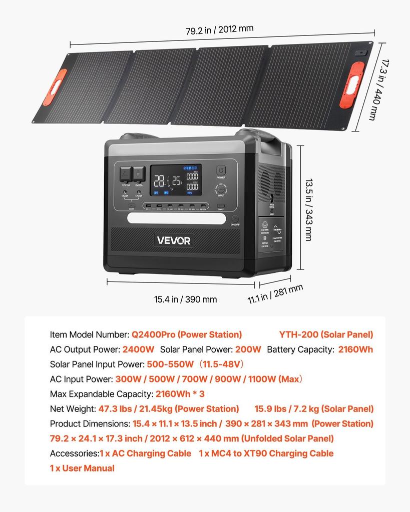 Portable Power Station, 2400W Portable Solar Generator with 200W Foldable Solar Panel, 2160Wh Expandable LiFePO4 Battery Backup with 10 Output Ports &