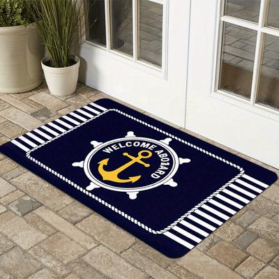 1 Stück Maritime Anker Fußmatte - ein rutschfestes, leicht zu reinigendes gestreiftes Design aus Flanell, mit einer Plüschdicke von 1,02 cm pro Quadrat