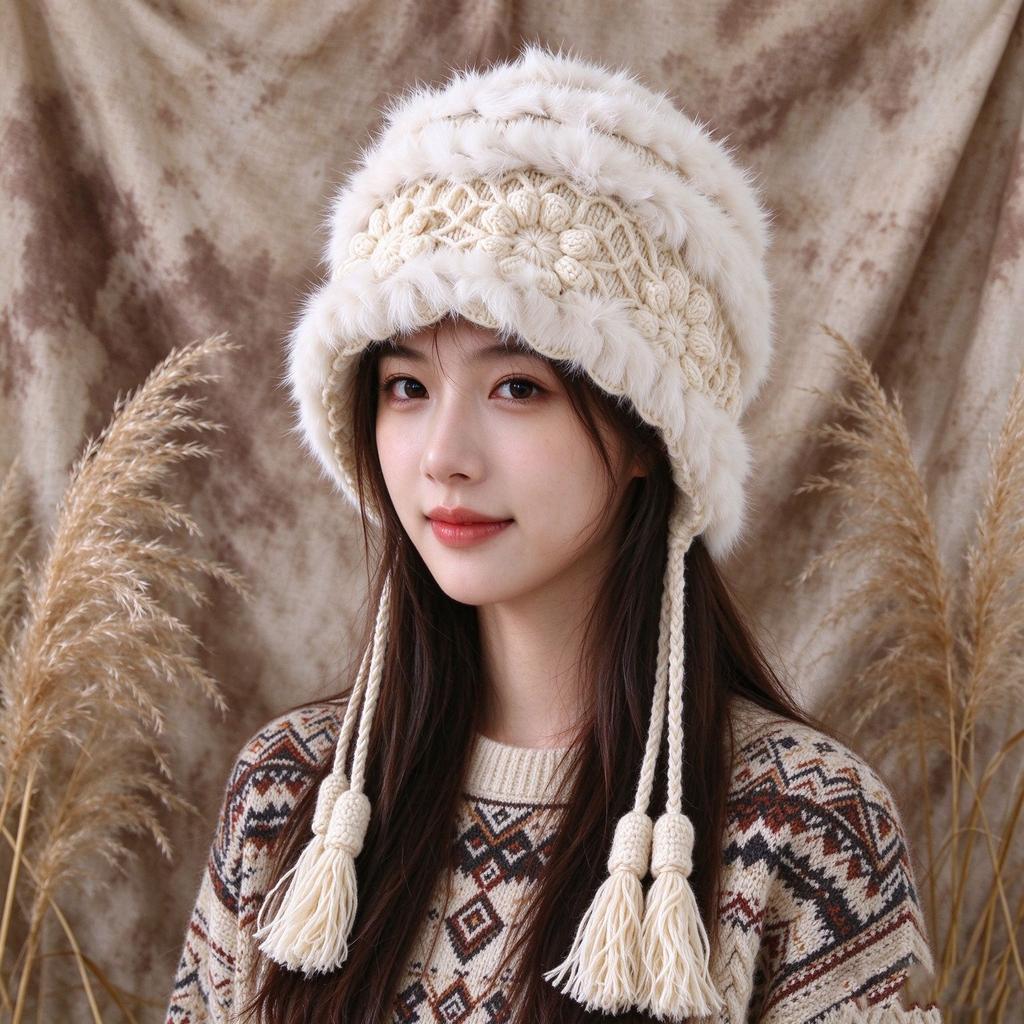 Autumn and winter plush ear protection hat knitted hat warm Lei Feng hat female real rabbit hair thickened pure handmade wool hat thickened