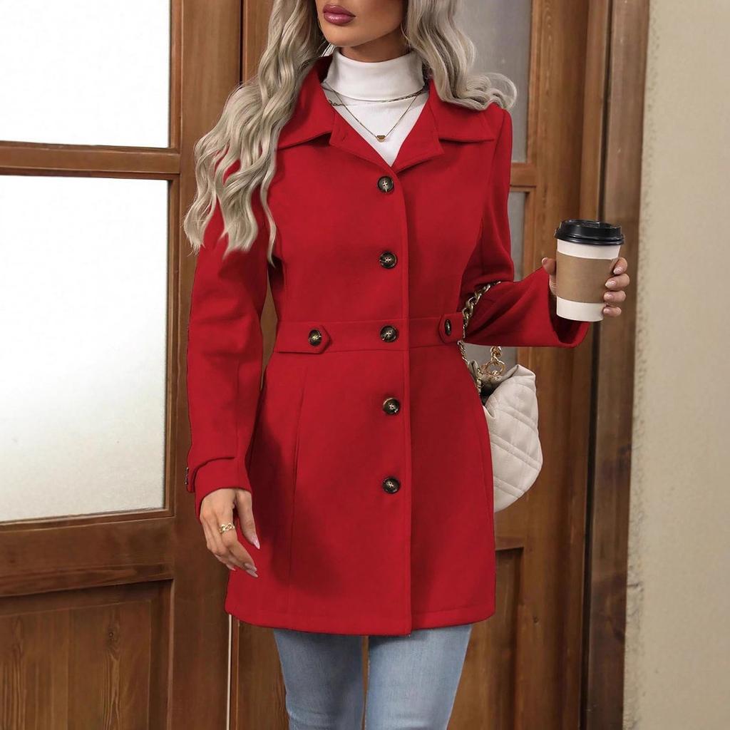Cross-border 2025 autumn and winter new products medium and long temperament woolen coat lapel button temperament slim woolen