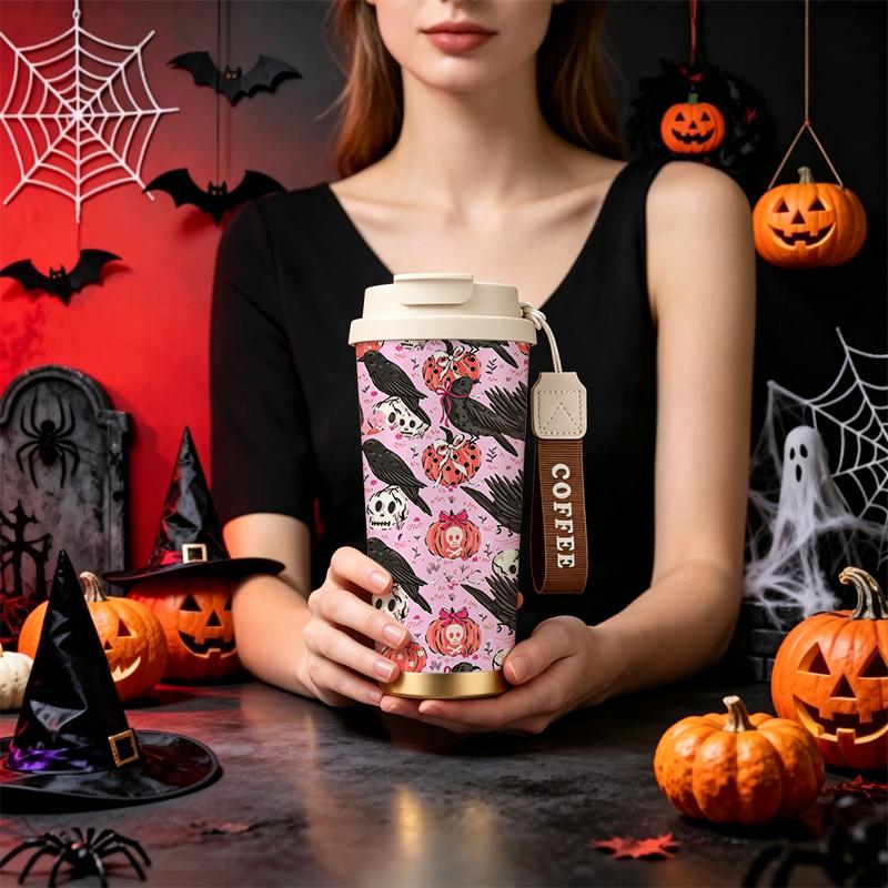 Halloween Coffee Cup 532ml Crow Pumpkin Floral MotifOutdoor Water Cup Portable Thermos Holiday Creative Cup Coffee Cup 532ml