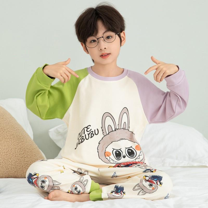 Boys Cotton Pajama Set Long Sleeve Cartoon Print Sleepwear Kids Teens Home Wear
