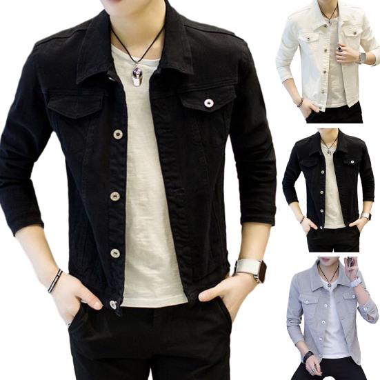 Men Spring Autumn Denim Jacket Solid Color Turn-down Collar Long Sleeve Slim Fit