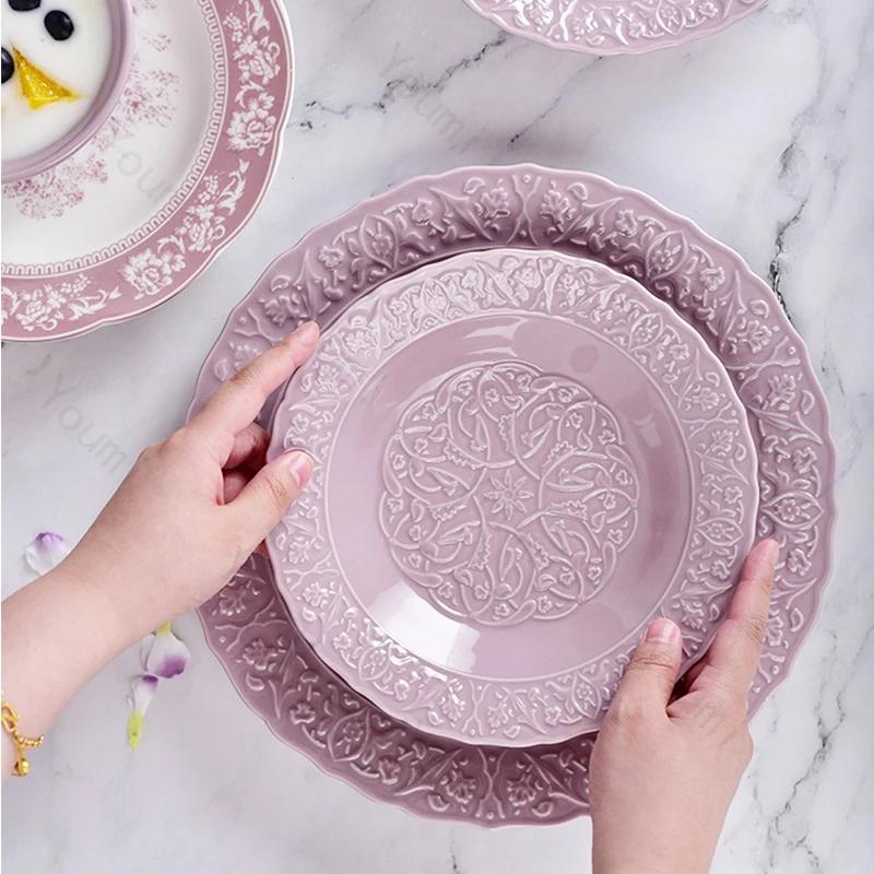 High End French Style Ceramic Plates Fashion Relief Purple Dinner Plate Household Soup Bowls Ramen Noodles Bowl Dishes Tableware