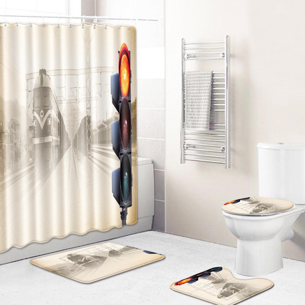 Fashion Textured Bathroom Shower Curtain Floor Mat Toilet Cover Foot Mat Four-Piece Set