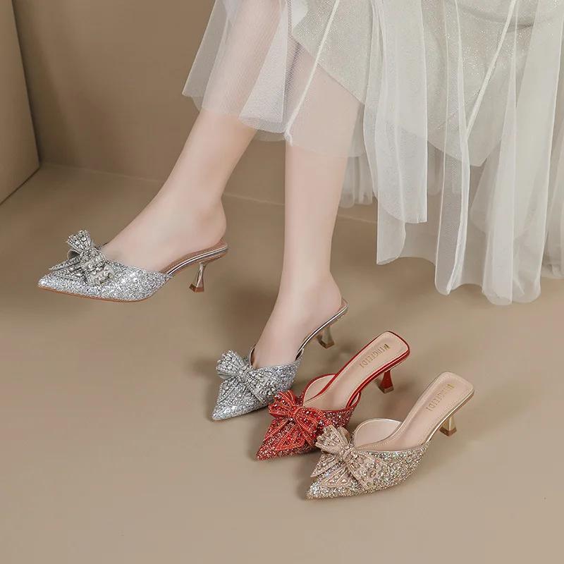 Fashion Shoes 5cm Thin Heels Womens Slippers Outdoor Pointed Toe Low Butterfly-Knot Pantofle Heeled Mules Slides Jelly Flip Flops