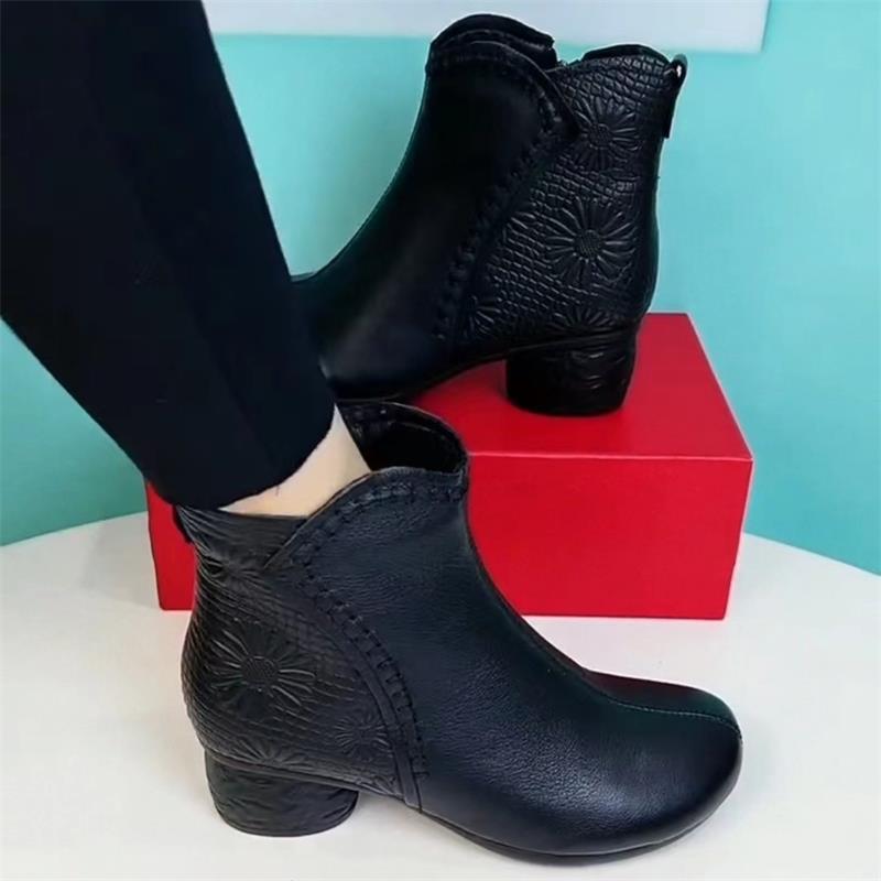 Retro soft leather short boots autumn and winter new cotton boots soft sole non-slip warm snow boots thick heel velvet shoes