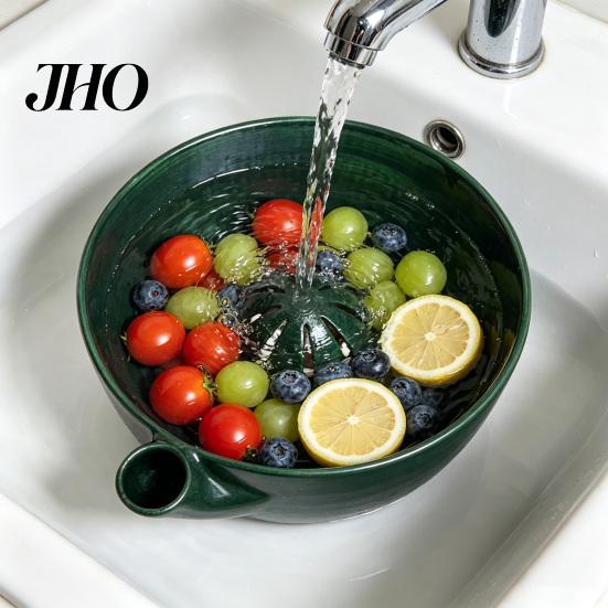 Jam Bowl Ceramic Fruit Cleaner Berry with Drainage Holes Rinse Rinsing Rustic Style Wash Basket for Kitchen Countertop