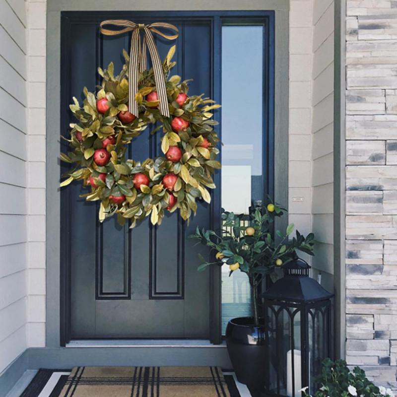 Artificial  Pomegranate  Wreath Bowknot Pomegranate And Leaf Thanksgiving Farmhouse Front Door Decor