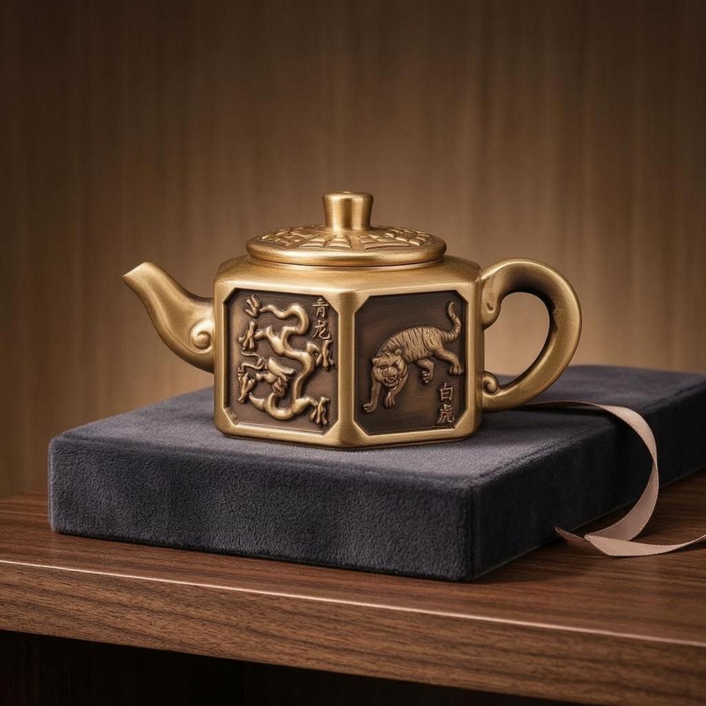 Hexagonal Teapot Mythical Animal Designs Brass Raised Relief Decorative Tea Kettle for Indoor