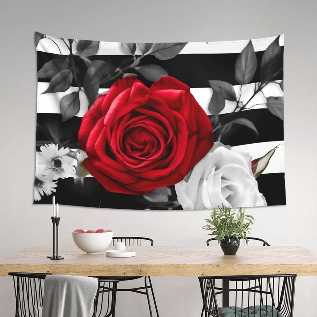 Black White Stripes Red Rose Flowers Tapestry Wall Hanging Poster For Bedroom Aesthetic Wall Tapestries Banner Modern Wall Art
