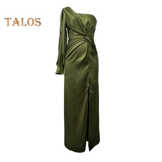 Lady Evening Dress One Shoulder Sleeveless Split Hem Solid Color Slim Waist Pleated Solid Color Off Shoulder Prom Cocktail Party Maxi Dress Ball Gown