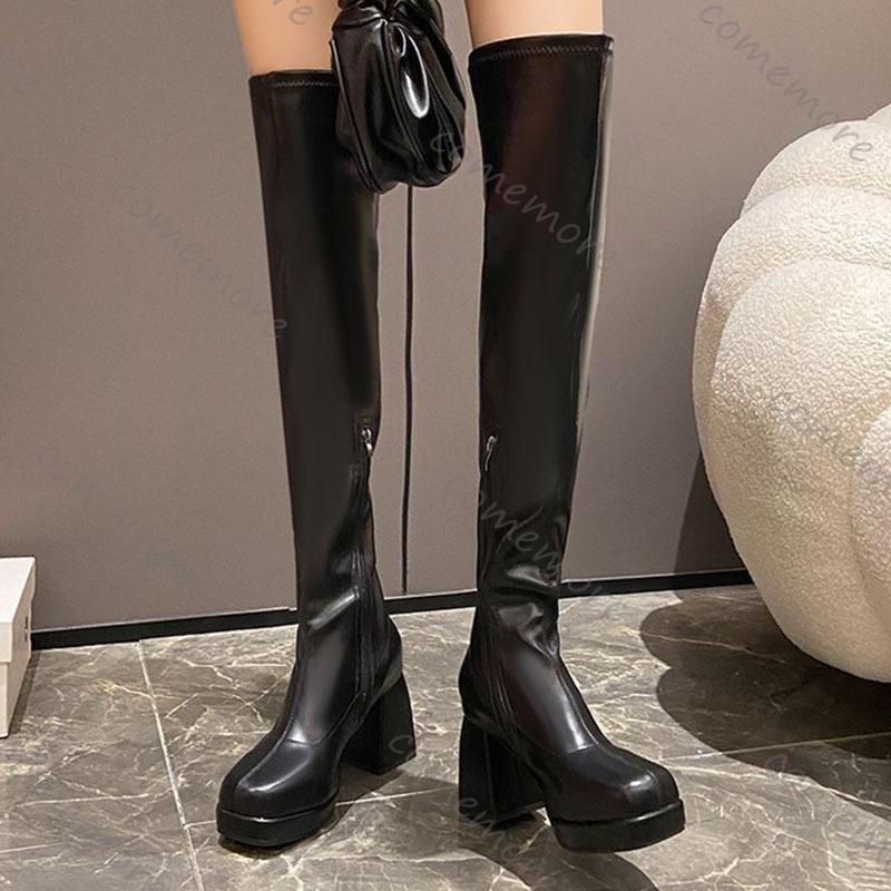 Fashion Comemore Black Over The Knee High Boots for Women Square Toe Thick High Heels Women Shoes Sexy Thigh High Platform Gothic Botas