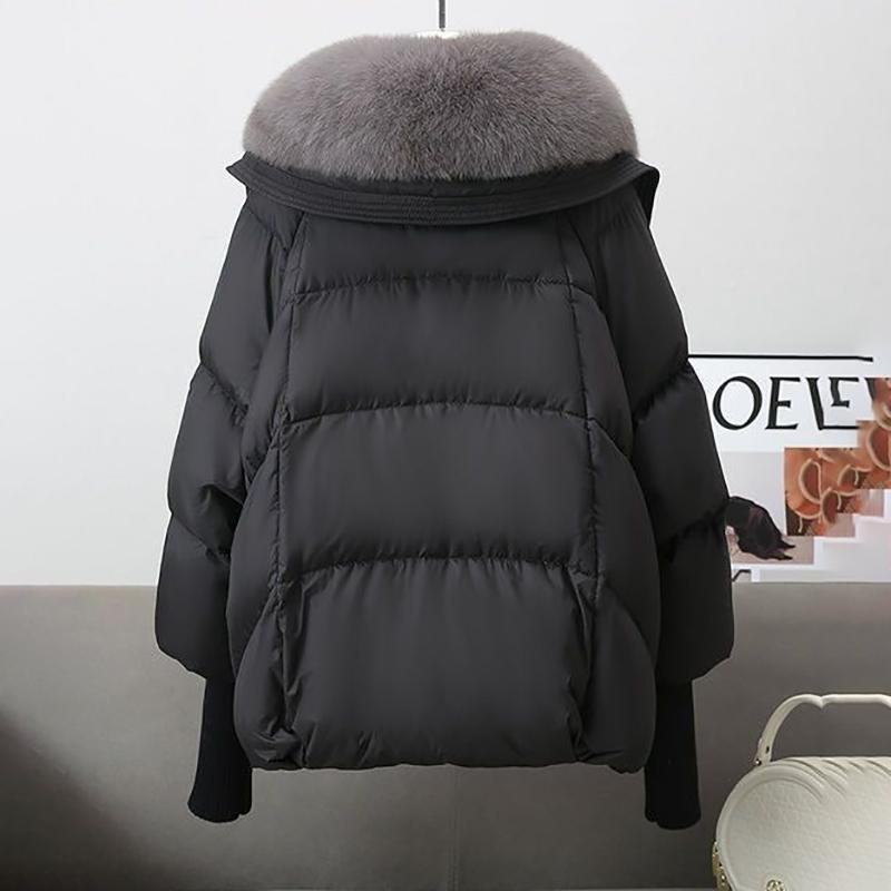 Großhaariger Revers-Daunen-Baumwolljacke Damen Übermantel Winter Kurz Kältefest Brotanzug Dick Warm Parka Mantel Baumwollmantel
