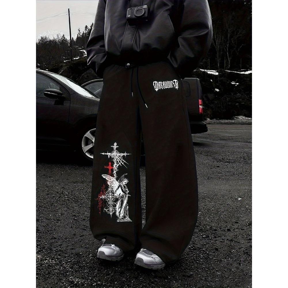 Essential Black Loose Wide Leg Sports Pants with Cool Abstract Pattern Print, Comfortable Street Style S
