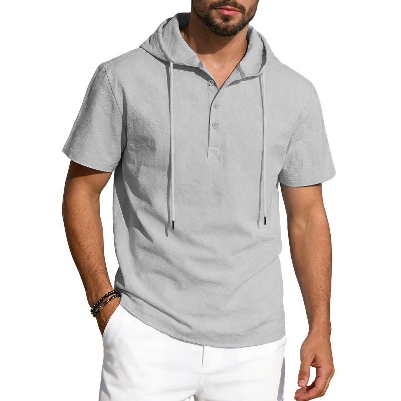 Men American Style Summer Short Sleeve Hooded Solid Color Casual Loose T Shirt