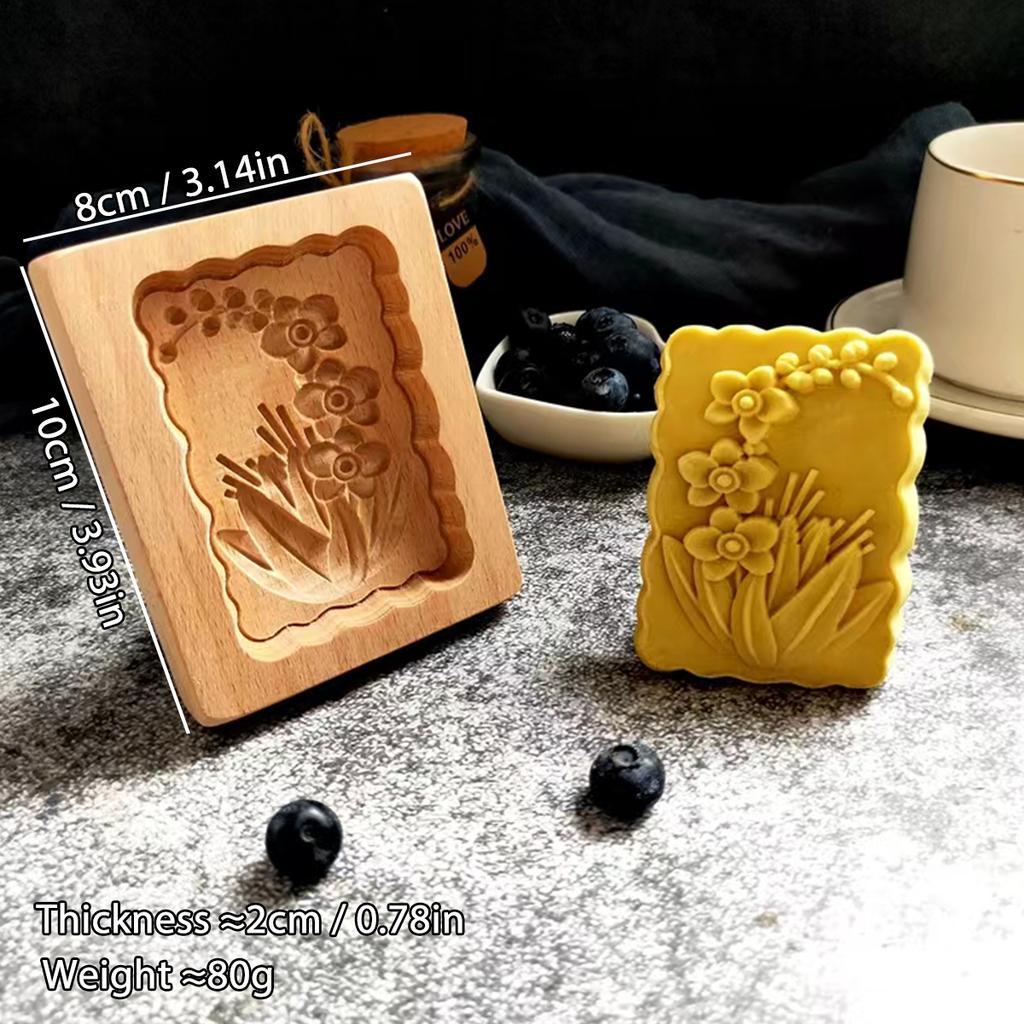 1PC Wooden Cookie Molds with Rose Flower Patterns, 3D DIY Carved Embossed Cookie Cutter Moulds for Baking, Fondant Cake Biscuit