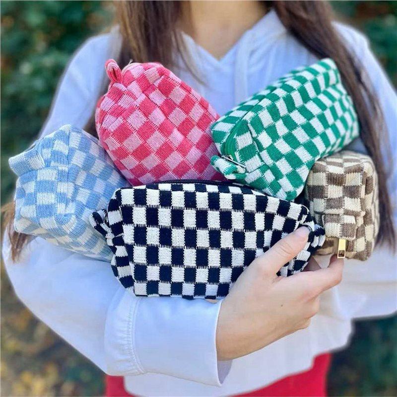 Premium-12 Pcs Checkered Makeup Bag Cosmetic Bag Bulk Makeup Pouch Personalize Travel Toiletry Bag Organizer Cute Makeup Brushes