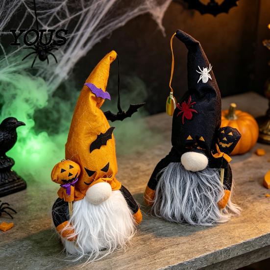 Halloween Plush Gnome Decorations Light Up Decoration, Spooky Orange Black Swedish Tomte Elf Figurine, Stuffed Fabric Figurines Cute Glowing
