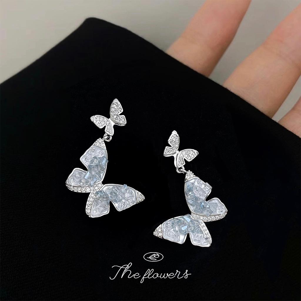 Glacier blue~ micro-inlaid zircon 925 silver needle summer new gradual change blue glass crystal butterfly earrings factory earrings