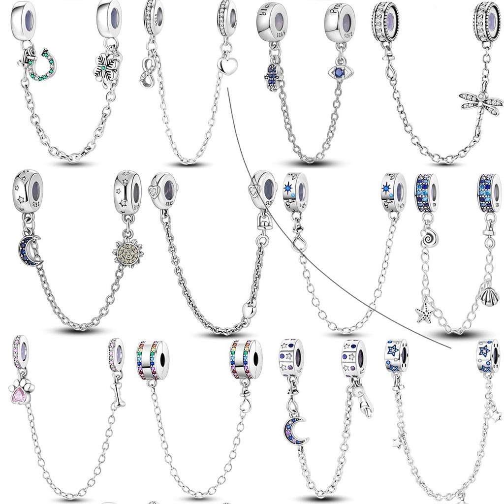 Copper Fashion Safety Chain Star Moon Inlaid Zirconium Charm Beads Fit Original Women Bracelet Diy Jewelry Gift