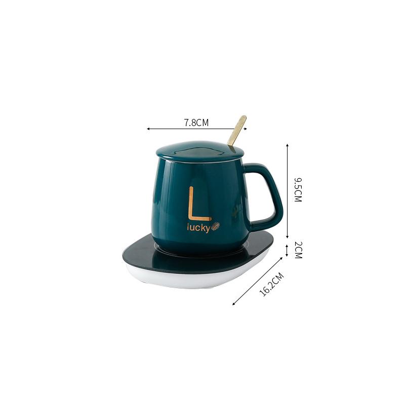 USB Aufladbarer Tassenwärmer Warme Suppentassen Kaffeetasse mit Deckel und Geschenkbox Aufbewahrungstaschen-Set Keramiktasse mit Edelstahllöffel Kaffeetassen