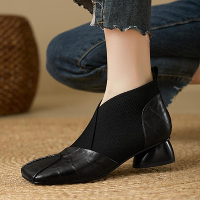 Square Toe Women's Ankle Boots Elegant Designer Mid Heels Shoes  Fashion Party Winter Boots New Walking Knitting Mujer Botas