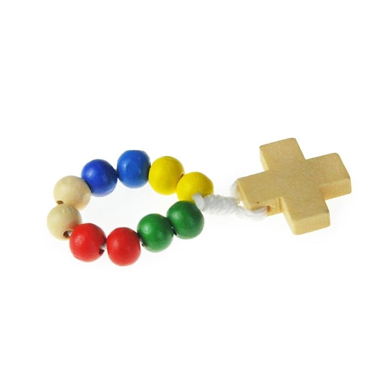 Natural Pine Wood Bead Finger Chain Rosary with Faith Symbol Handcrafted for Baptism and Individual Adornment