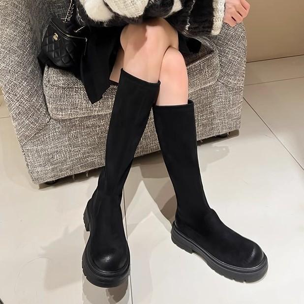 Uncle's Same Suede Elastic Boots, Thin Boots, 2025 New Long Boots, Women's Thick-soled Fat Mm Knight Boots