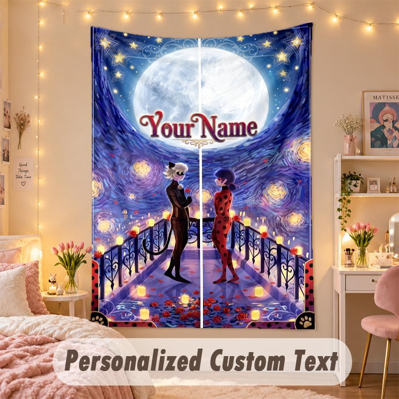 Custom Personalized Tapestry,Miraculous Ladybug Print Custom Name Text Wall Art Hanging for Bedroom