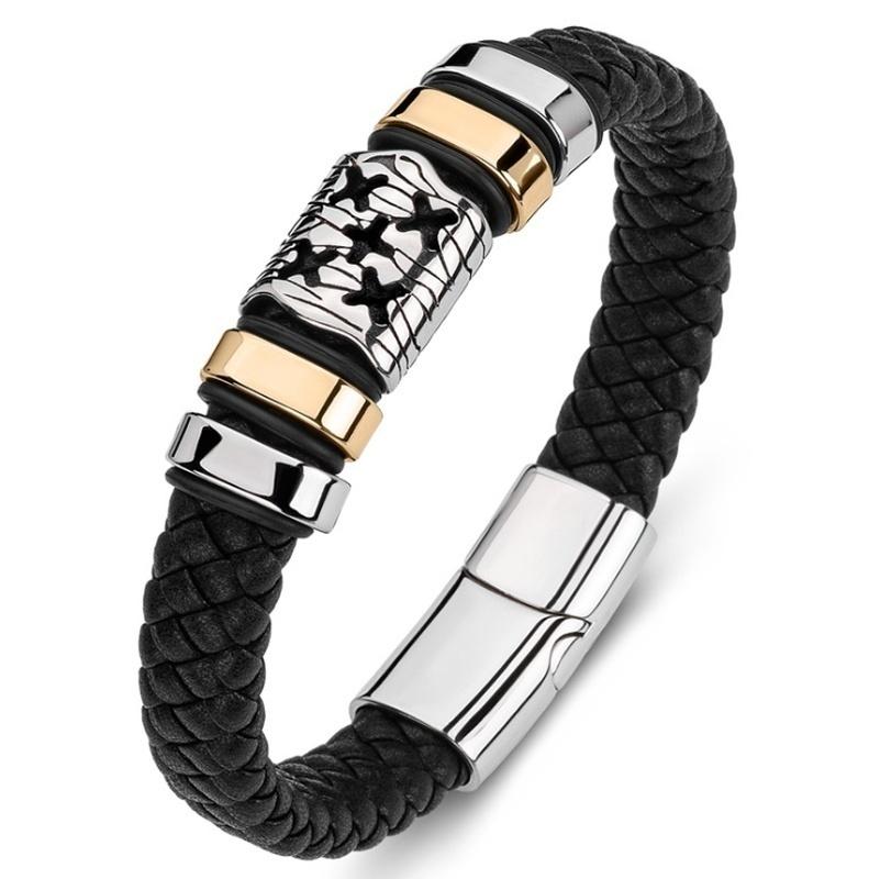 Double Layer Punk Brown Braided Leather Bracelet for Men with Metal Magnetic Clasp Stylish Business Bracelet Jewelry Gift