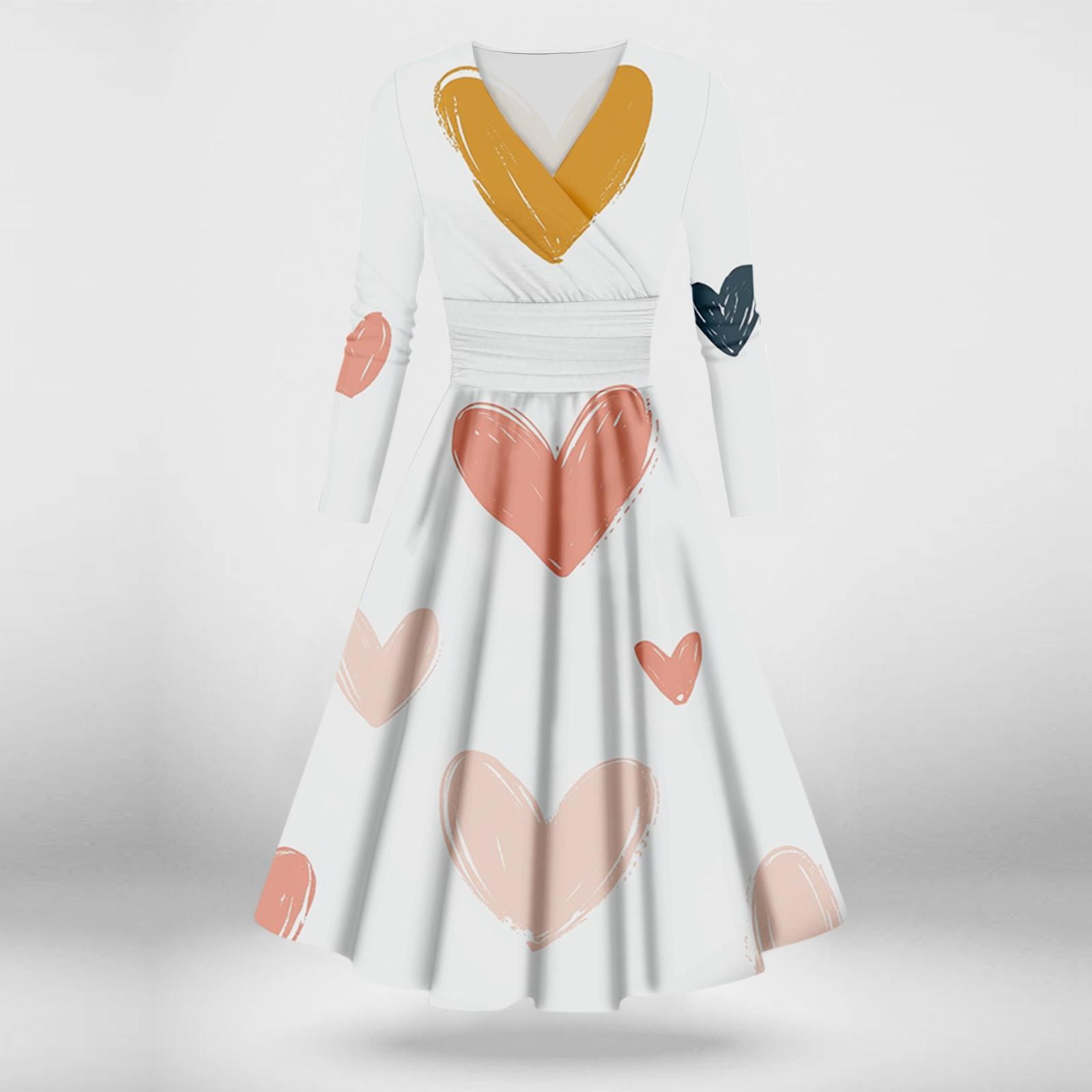 

Женское модное повседневное платье с принтом ко Дню святого Валентина, длинными рукавами и V-образным вырезом, сексуальное платье XXXXXL белый