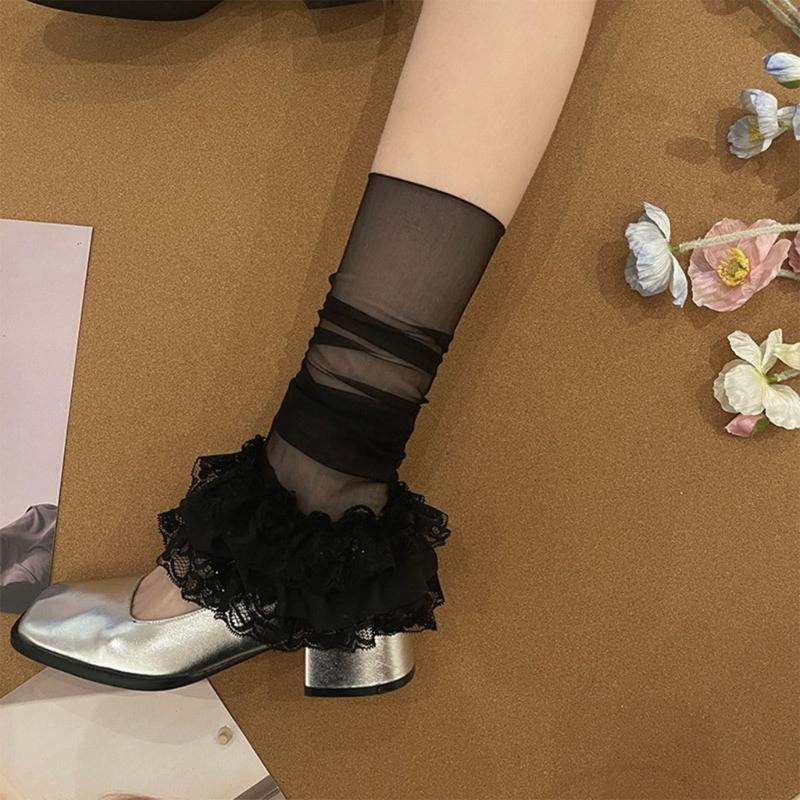 Women Vintage Sheer Mesh Leg Warmer Sleeve Aesthetic Japanese Style Footless Sock Tiered Ruffle Lace Flared Leg Cover