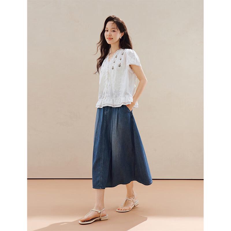 Inman French Lace Embroidered V-Neck Short Sleeve Cotton Shirt