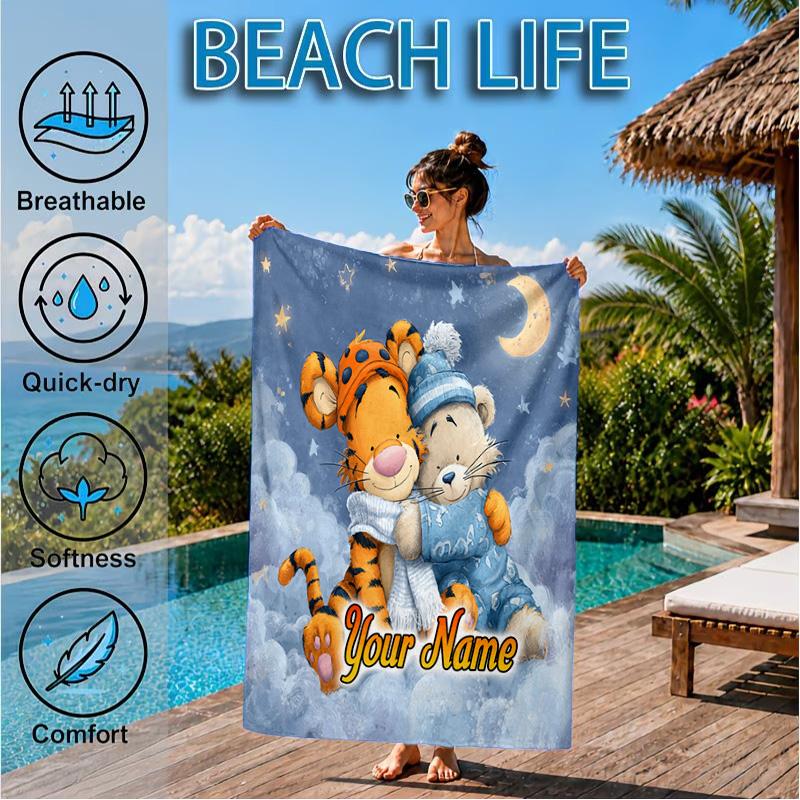 Custom Name Nightly Tiger Hugs Pooh Beach Towel Microfiber Beach Towel, Lightweight and Quick-Dry, for Summer Travel, Swimming Pool Gift