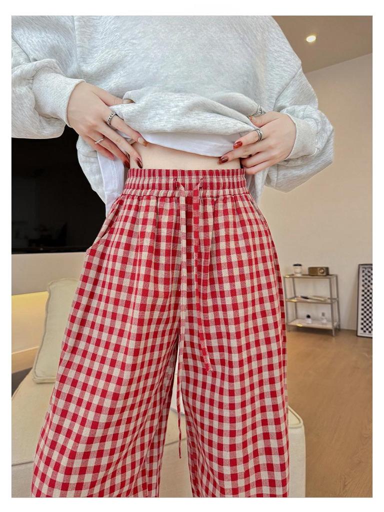 Red Checkered High Waist Wide Leg Pants for Women - Lazy Style, Linen, Perfect for Spring and Autumn
