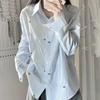 Korean-style Bow Print Long-sleeve Shirt for Women, New Summer Loose Long-sleeve Blue Striped Sun-protective Shirt