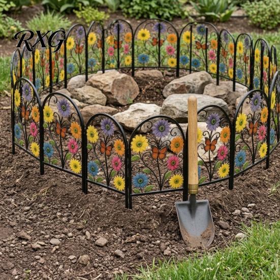 Metal Garden Ornament Fence Animal Barrier, Butterfly Floral Wire Panel Border, Arched Flower Bed Edging Panel, Barrier for Dogs, Rabbits, Patio Yard
