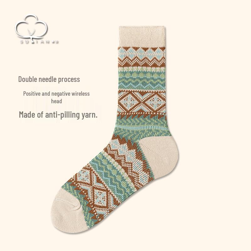 Men's Retro Diamond Stripe Ethnic Long Socks - Trendy Double Needle Design.