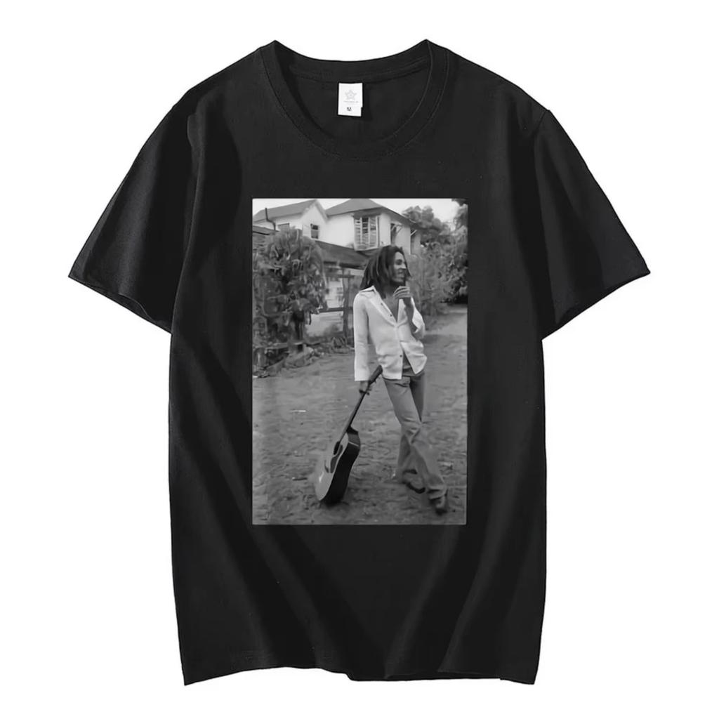Bob Marley Černobílé Kytara Novinka Tričko Léto Pánské Dámské Vintage Hip Hop Oversized Krátký Rukáv Trička Gotický Streetwear