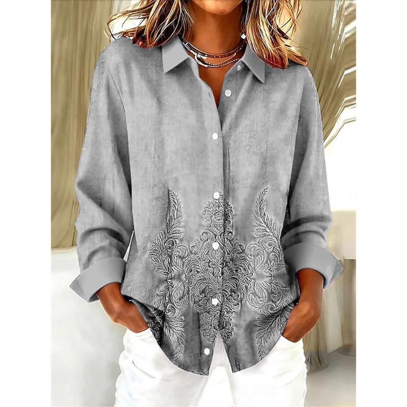 Retro Women's Oversized Shirt 3D Floral Print Minimalist Vintage-Style Casual Long-Sleeve Shirt Comfortable Collared Top