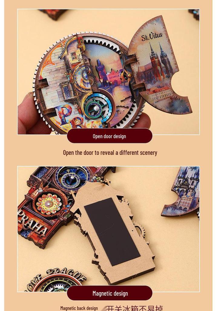 Prague Astronomical Clock 3D Wooden Magnet with Rotating Gears - Czech Travel Souvenir