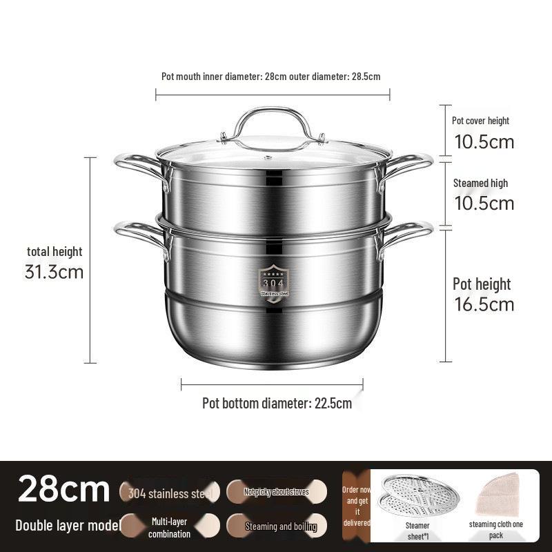 Three-Layer Multi-Functional 304 Stainless Steel Steamer Pot with Large Capacity for Steaming and Boiling