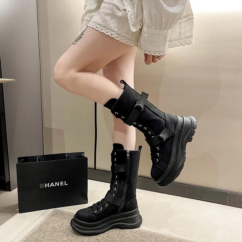 Fashion High Quality Women Mid Calf Boots Canvas Round Toe Mid Heel Boots For Woman Fashion Platform Lace Up Zip Shoes Botas Mujer 2025