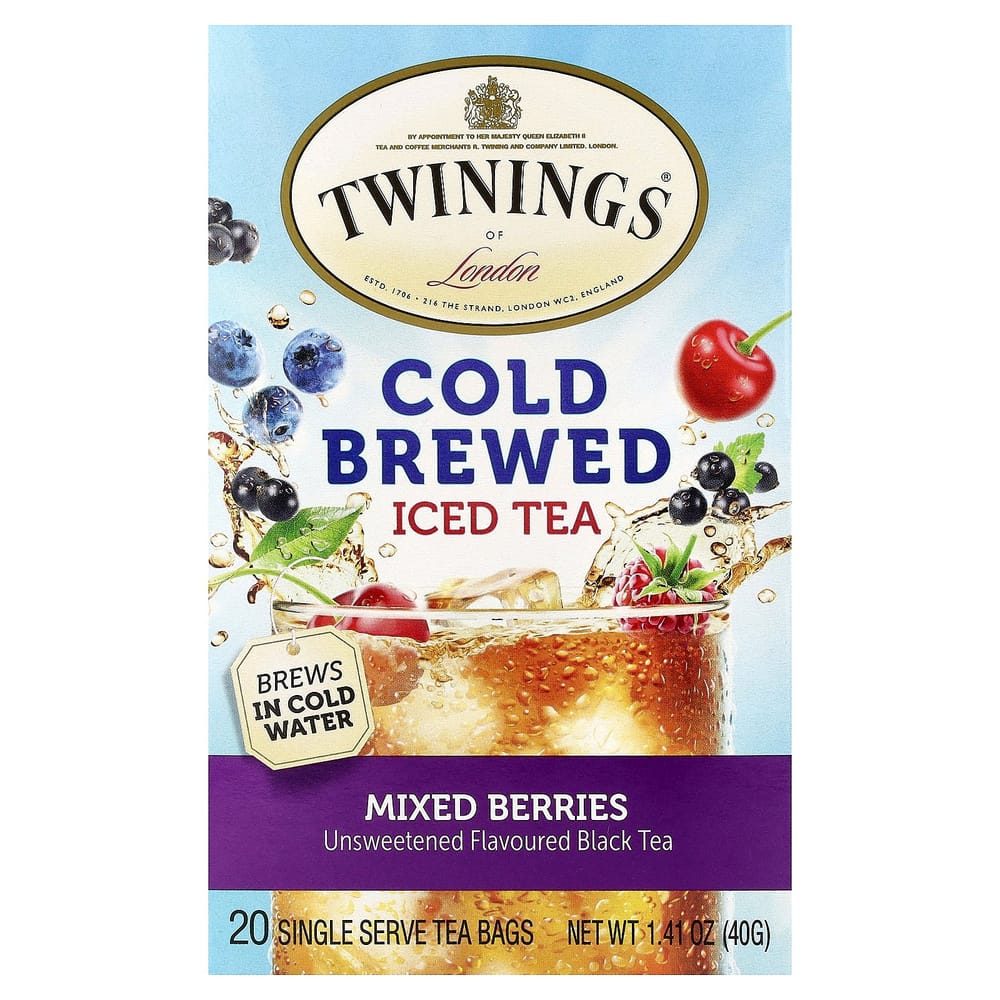 Twinings Cold Brew Iced Tea, Unsweetened Flavored Black Tea, Mixed Berry Flavor, 20 Individually Wrapped Tea Bags, 40g (1.41 oz)