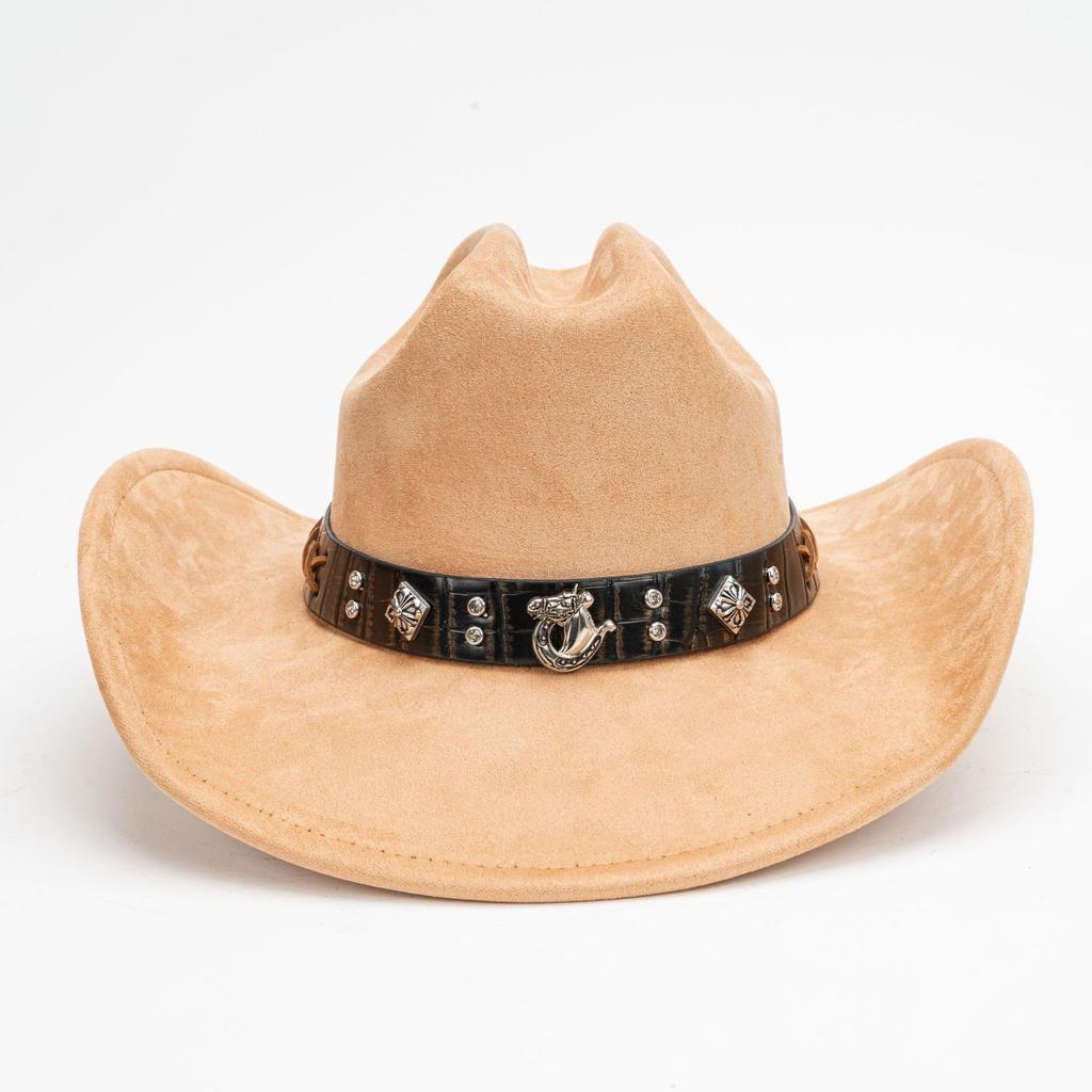 Suede Western Cowboy Hat Vintage Metal Jazz Hat Men's and Women's Ethnic Style Autumn and Winter Big-brimmed Top Hat