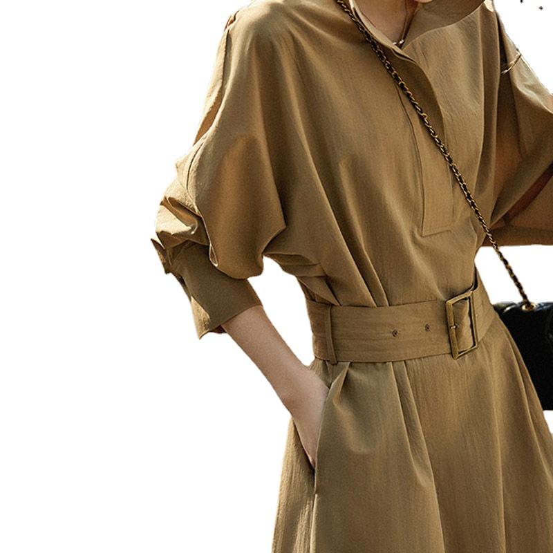 Fashionable and Elegant Solid-color Dress with Lapel Collar and Waistband for Women
