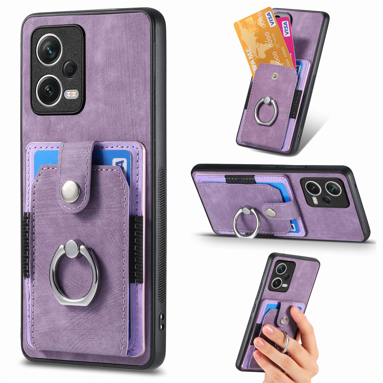 

D2 For Xiaomi Redmi Note 12 Pro 5G Case Ring Kickstand Retro Leather+TPU Card Holder Phone Cover Purple